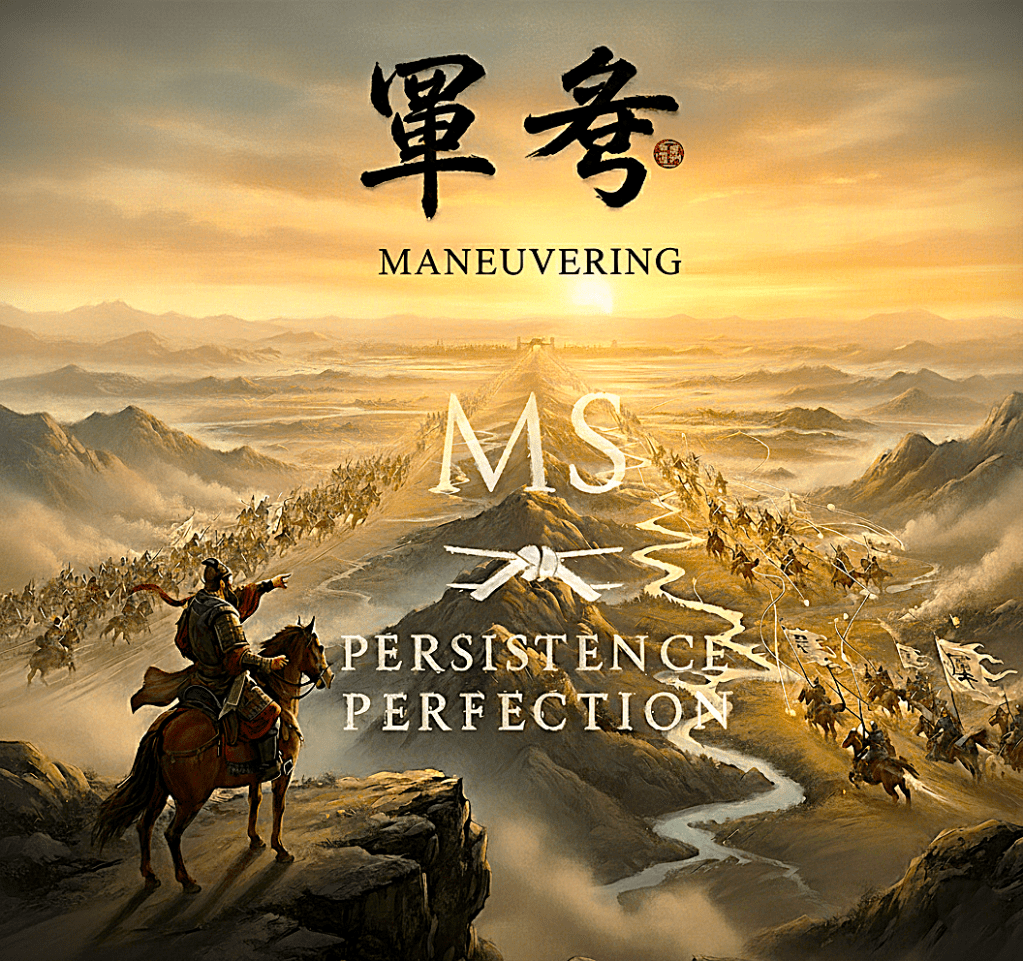 Chapter VII’s artwork conveys the essence of Sun Tzu’s Maneuvering with clarity and grandeur. A lone commander surveys a vast, unfolding landscape of troops in motion, symbolizing disciplined rhythm rather than frantic pace. The terrain’s natural flow mirrors the movement of cloud-age systems, and the light breaking across the valley evokes strategic awareness dawning before action. It is a rare blend of historical resonance and modern metaphor, a visual philosophy.